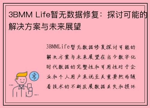 3BMM Life暂无数据修复：探讨可能的解决方案与未来展望